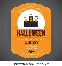 Enter if you Dare. Halloween Party poster design orange stiched border background with House with bats flying icon in center and date and time are mentioned. vector halloween illustration