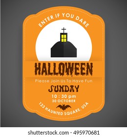 Enter if you Dare. Halloween Party poster design orange stiched border background with Halloween Home icon in center and date and time are mentioned. vector halloween illustration