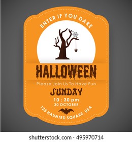 Enter if you Dare. Halloween Party poster design orange stiched border background with Hanging spider with tree icon in center and date and time are mentioned. vector halloween illustration