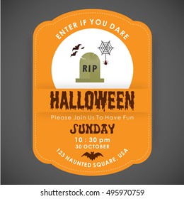 Enter if you Dare. Halloween Party poster design orange stiched border background with Spider net with grave icon in center and date and time are mentioned. vector halloween illustration
