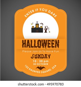 Enter if you Dare. Halloween Party poster design orange stiched border background with Graveyard icon in center and date and time are mentioned. vector halloween illustration