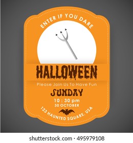 Enter if you Dare. Halloween Party poster design orange stiched border background with trident icon in center and date and time are mentioned. vector halloween illustration