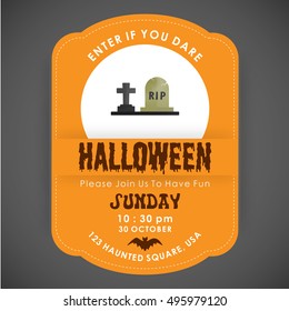 Enter if you Dare. Halloween Party poster design orange stiched border background with Grave with cross icon in center and date and time are mentioned. vector halloween illustration