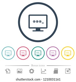 Entering to application flat color icons in round outlines. 6 bonus icons included.