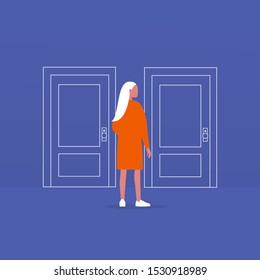 Entering the building: Young female character standing in front of two closed doors. 