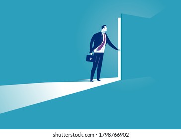 Entering. Businessman opening the secret door to success. Business vector illustration