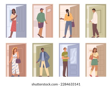 Entrando y saliendo del edificio, la gente se paró en las puertas entrando y saliendo. Caracteres por puerta, puerta de apertura y puerta de cierre. Vector hombre y mujer en interiores y exteriores en ilustración de dibujos planos