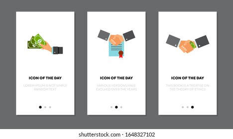 Entering into contract flat icon set. Negotiation, money, benefit isolated vector sign pack. Business and agreement concept. Vector illustration symbol elements for web design and apps