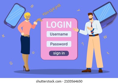 Entering A Personal Email.The Concept Of Computer Security.Funny People Are Standing Next To The Login And Password On The Background Of A Smartphone And Laptop.Vector Illustration.