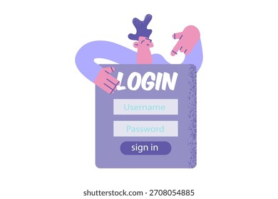 Inserindo e-mail pessoal e conceito de segurança. Homem sorridente em pé perto do nome de usuário e senha de login e assinatura na ilustração vetor página pessoal