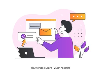 Entering personal page. Man wants to know mail, active user of social networks. Digital technologies, gadgets, devices and Internet. Graphic elements for website. Cartoon flat vector illustration