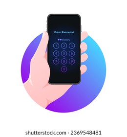 Geben Sie einen PIN-Code für Ihr Telefon ein. Flat, Farbe, Handy in der Hand, Eingabe eines PIN-Code für das Telefon, Sperren des Bildschirms. Vektorsymbol