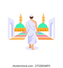 Entering Prayer Area, Pilgrim walking into mosque prayer section, Flat vector character illustration