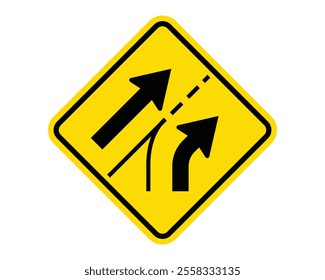 Entering Roadway Added Lane Warning Sign Featuring a Yellow Diamond Shape with Black Merging Arrows, Indicating an Additional Lane Joining the Main Roadway, Available as a Vector File