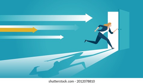 Entering a secret door. Businesswoman opens a hidden door. The concept of start and courage. Business vector illustration.