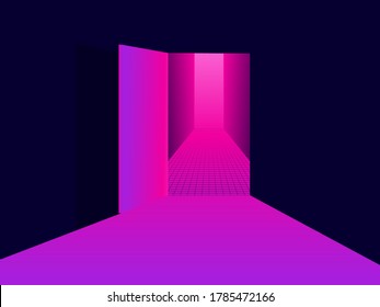 Entering virtual reality. Light from an open door, pink purple gradient. Open door to 80s retro sci-fi virtual reality. Synthwave and retrowave style. Vector illustration