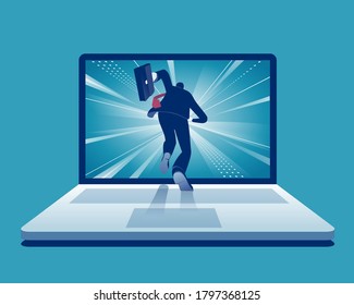 Entering virtual world. Manager jumping into computer screen. Starting internet business. Vector illustration.