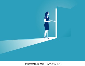 Entering. A woman opens a secret door. Business vector illustration