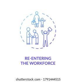 Re entering workforce blue gradient concept icon. Work for elderly and young mother. Corporate employee. Search for job idea thin line illustration. Vector isolated outline RGB color drawing