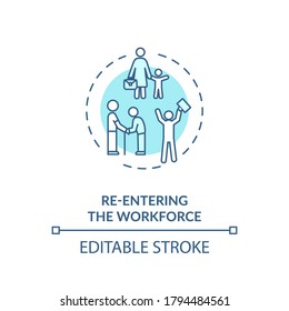 Re entering workforce turquoise concept icon. Work for elderly and young mother. Search for job idea thin line illustration. Vector isolated outline RGB color drawing. Editable stroke