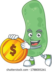 Enterobacteriaceae rich cartoon character have big gold coin. Vector illustration