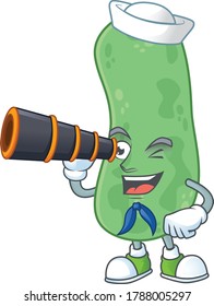 Enterobacteriaceae in Sailor cartoon character style using a binocular. Vector illustration