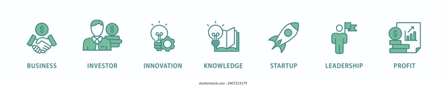 Pancarta de emprendedor icono web icúsculo de ilustración vectorial con ícono de negocio, inversor, innovación, conocimiento, inicio, liderazgo y beneficio