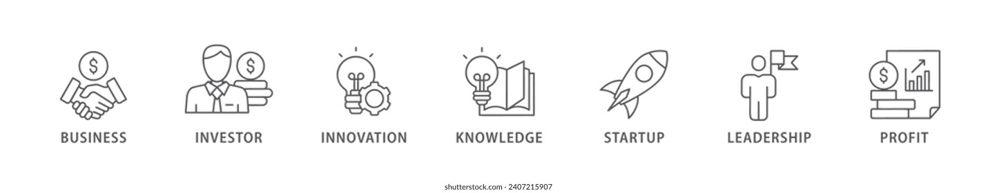 Pancarta de emprendedor icono web icúsculo de ilustración vectorial con ícono de negocio, inversor, innovación, conocimiento, inicio, liderazgo y beneficio