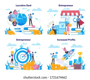 Conjunto de conceptos de emprendedor. Idea de negocios lucrativos, estrategia y logros. Objetivo de éxito y aumento de beneficios. Ilustración vectorial aislada en estilo plano