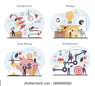 Enterpreneur concept set. Idea of lucrative business, strategy and achievement. Target to success and profit increasing. Start up idea. Isolated vector illustration