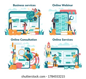 Enterpreneur online service or platform set. Online webinar or consultation. Idea of lucrative business, strategy and achievement. Isolated vector illustration in flat style