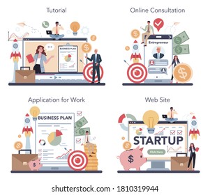 Servicio online de emprendedores o conjunto de plataformas. Idea de negocios lucrativos, estrategia y logro. Aumento de beneficios. Tutorial en línea, consulta, aplicación, sitio web. Ilustración vectorial aislada