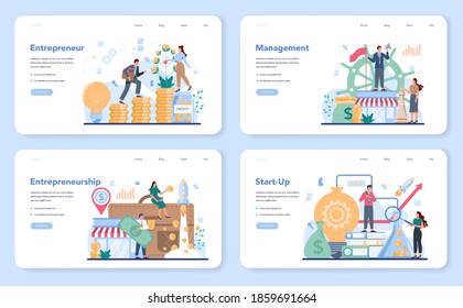 Enterpreneur web banner or landing page set. Idea of business strategy and professional achievement. Target to success and profit increasing. Isolated vector illustration in flat style