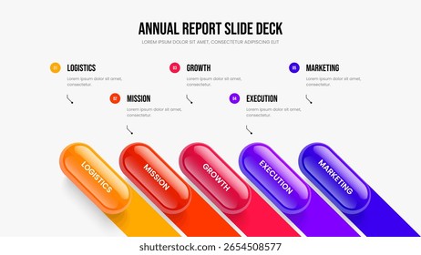 Diseño de presentación de infografía de cinco pasos de análisis de Empresa. Ilustración vectorial de diseño de presentación de diapositivas de innovación para inversores. Solución de consultoría Plantilla de diapositivas de diagrama de 5 elementos.