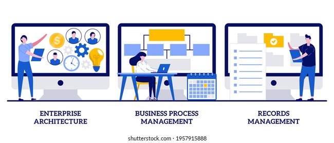 Enterprise architecture, business process and records management concept with tiny people. Corporate software abstract vector illustration set. IT system solution, document and file tracking metaphor.