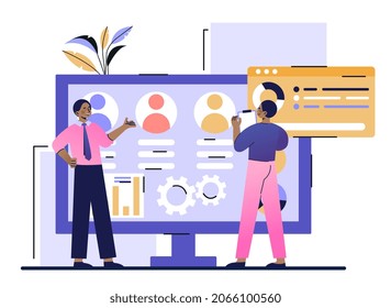 Enterprise architecture concept. Men develop and use software of company website. Employees analyze data and create layout for managing online business. Cartoon modern flat vector illustration