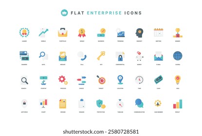 Enterprise, business startup and project communication and SME management color icon set. Digital data and trends, documents and chart report research, meeting flat elements vector illustration