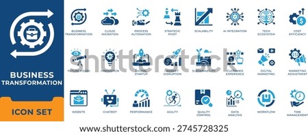 Enterprise business transformation strategy and digital cloud innovation vector icon set