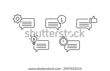 Enterprise Chat and Messaging Icons. Timed Messaging, Feedback Approval, Business Settings, Creative Collaboration, and Informational Chat Pictograms.