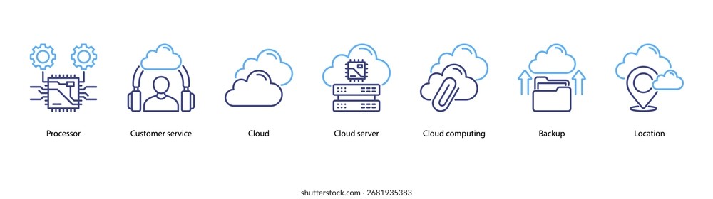 Ilustração do vetor do ícone de banner da Web do Enterprise Cloud com Processador, Serviço de Atendimento ao Cliente, Nuvem, Servidor em Nuvem, Computação em Nuvem, Backup e Localização.