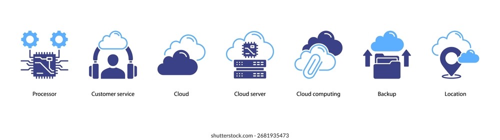 Ilustração do vetor do ícone de banner da Web do Enterprise Cloud com Processador, Serviço de Atendimento ao Cliente, Nuvem, Servidor em Nuvem, Computação em Nuvem, Backup e Localização.