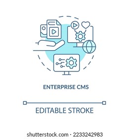Das türkisfarbene Konzeptsymbol von Enterprise CMS. Business Content Management System abstrakte Idee dünne Linie Illustration. Einzeln Umrisszeichnung. Bearbeitbarer Strich. Arial, Myriad Pro Fett Schriftarten verwendet