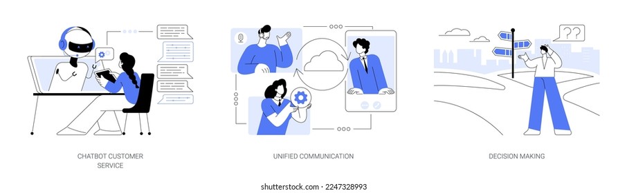 Enterprise communication abstract concept vector illustration set. Chatbot customer service, unified communication, decision making, e-commerce chatbot, problem solving, web chat abstract metaphor.