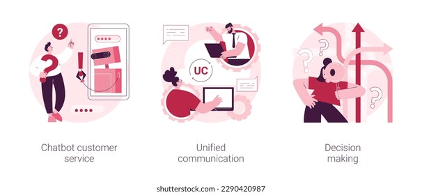 Enterprise communication abstract concept vector illustration set. Chatbot customer service, unified communication, decision making, e-commerce chatbot, problem solving, web chat abstract metaphor.