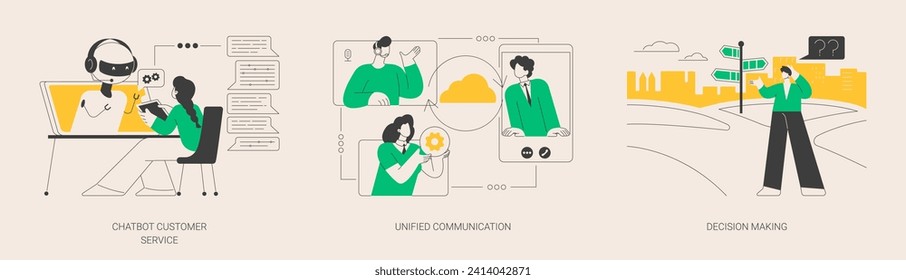 Enterprise communication abstract concept vector illustration set. Chatbot customer service, unified communication, decision making, e-commerce chatbot, problem solving, web chat abstract metaphor.