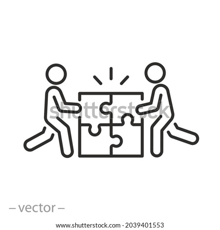 enterprise communication icon, teamwork mutual with support, puzzle and business team, partnership assistance, corporate building people group, ​thin line symbol - editable stroke vector illustration