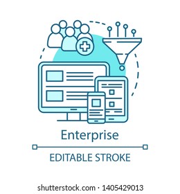 Enterprise concept icon. Digital marketing tools subscription tariff idea thin line illustration. Customer database. Display advertising. Vector isolated outline drawing. Editable stroke