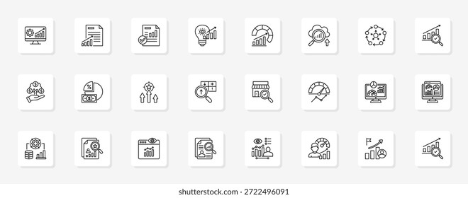 Painel de controle corporativo e análise Conjunto coeso de ícones de vetor minimalistas que representam ideias-chave com clareza visual