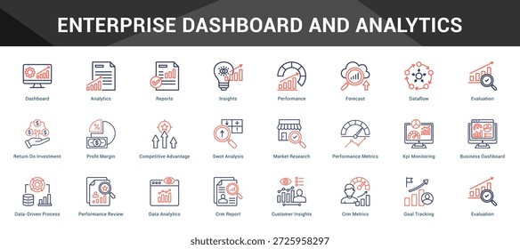 Painel de controle corporativo e análise Conjunto coeso de ícones de vetor minimalistas que representam ideias-chave com clareza visual