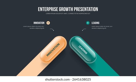 Enterprise Development Presentation Layout Vector Illustration. Business Introduction 2 Step Infographic Slideshow Design. Project Solution Two Option Diagram Frame Template.